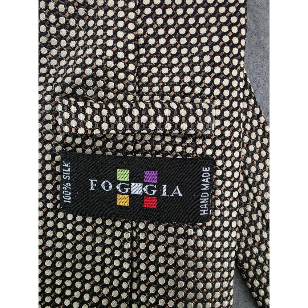 Foggia Mens Silk Tie Black Brown Cream Geometric Dot Pattern Hand Made